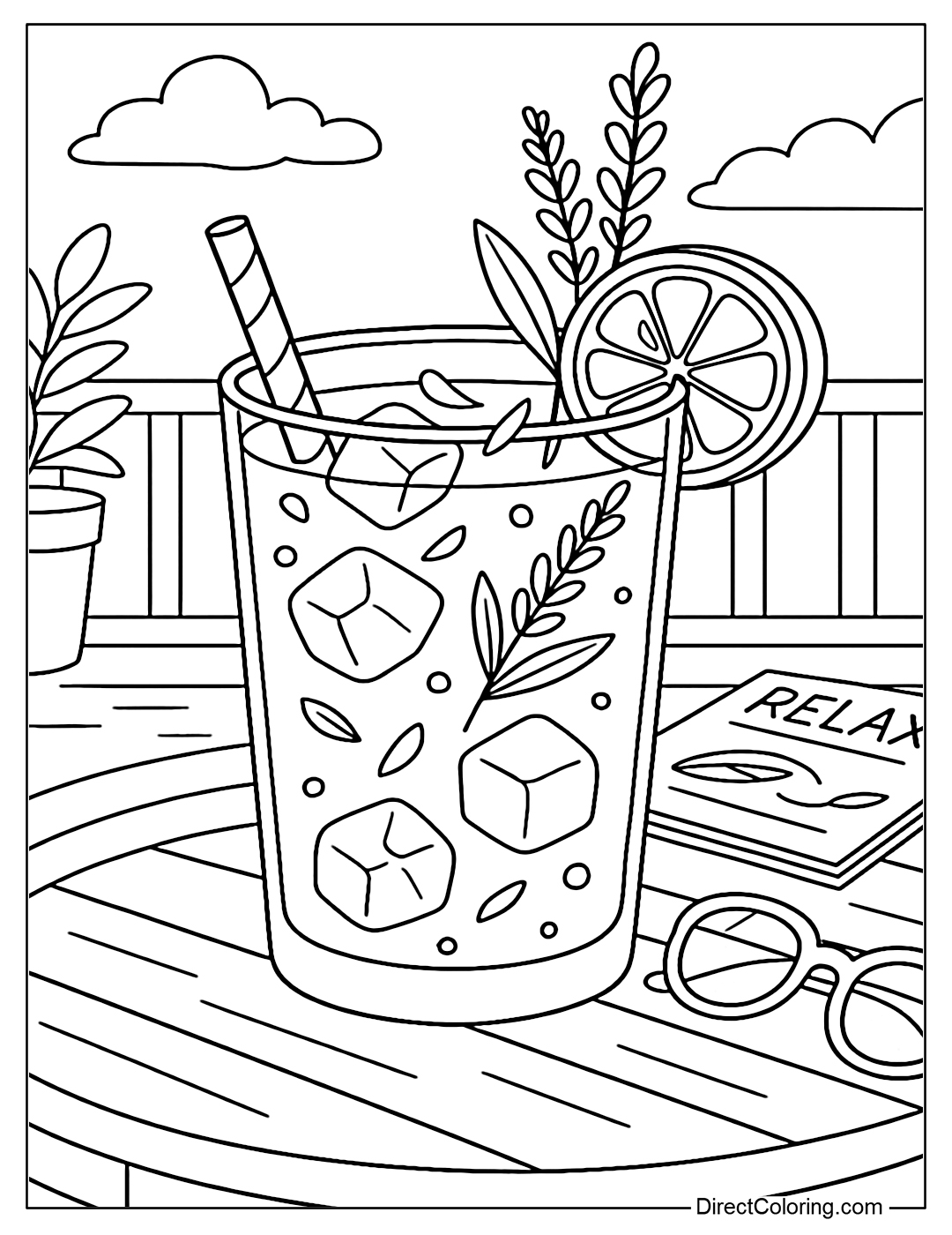 Lavender lemonade glass coloring page with petals, ice cubes, balcony relaxing table background with magazines and sunglasses.